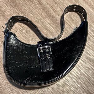 Madison Black Patent Crescent Shoulder Bag with Buckle